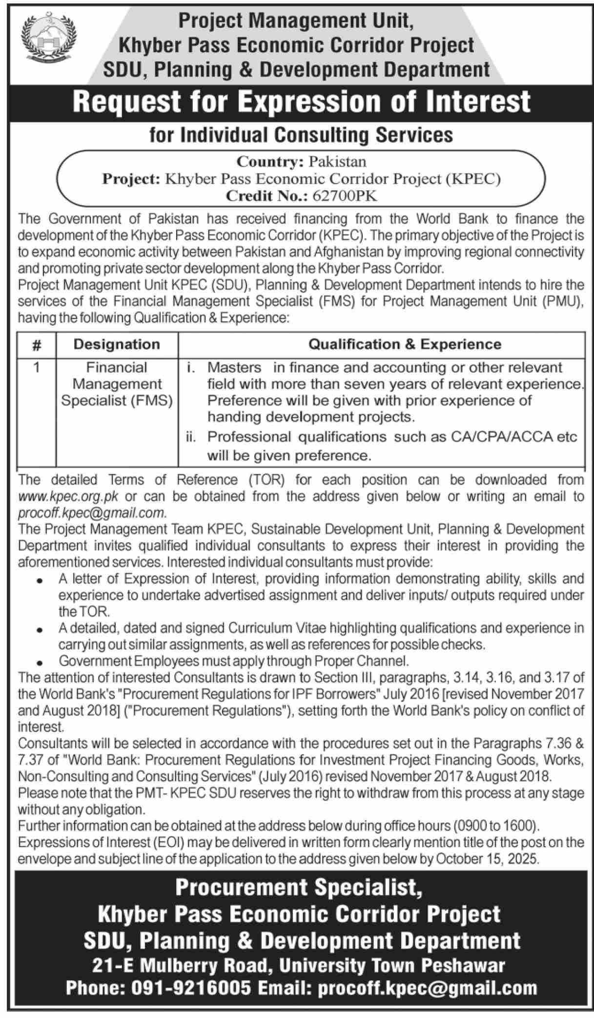 Khyber Pass Economic Corridor Project Peshawar Tender Notice